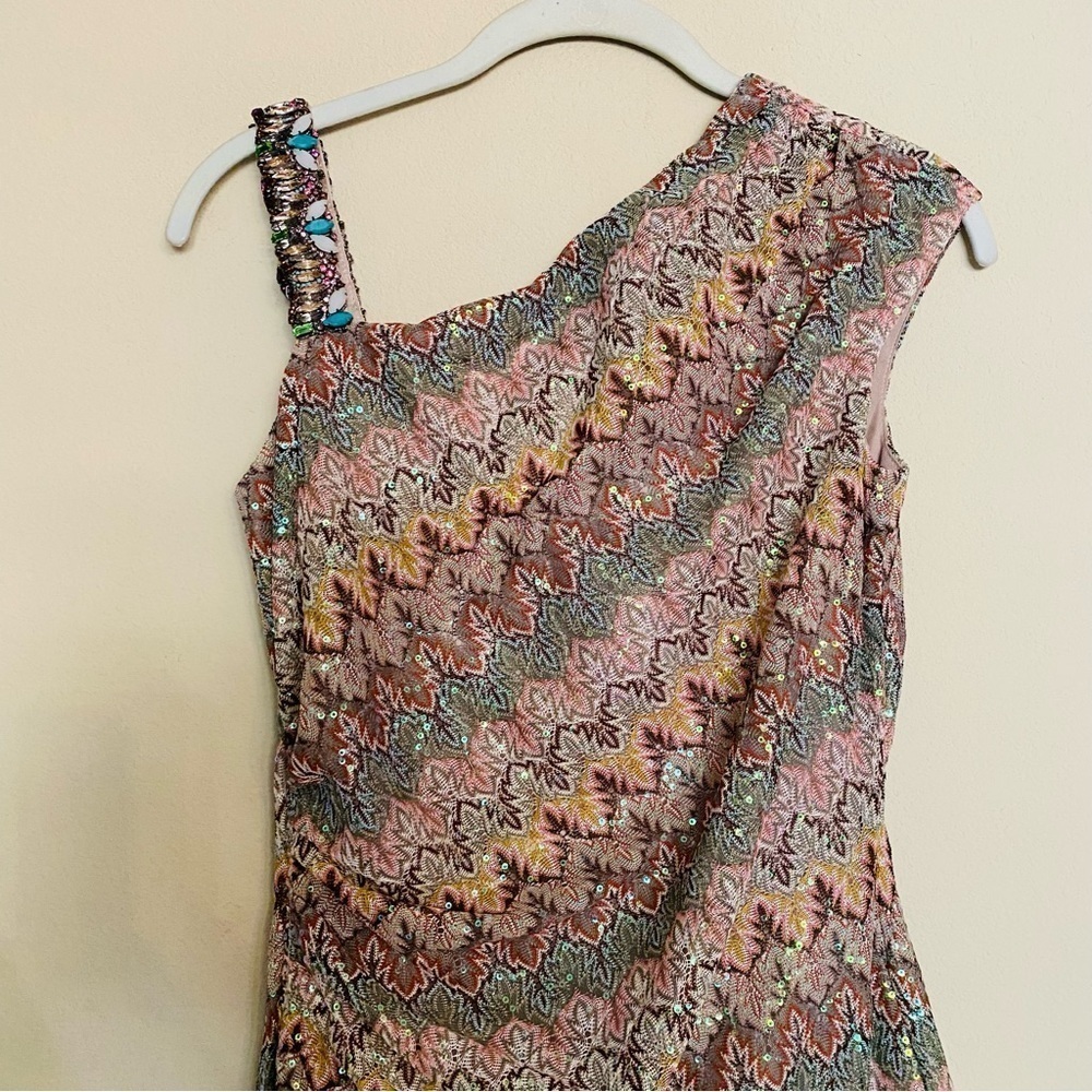 David Meister Dress Size 2 Party Retro Print Asymmetrical Neckline Beaded Sequin